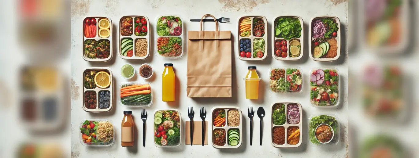 A clean, organized display of Polaris Products' food delivery packaging options, including eco-friendly containers, compostable boxes, and leak-proof clamshells, each showcasing secure, convenient designs. Fresh food items in some containers highlight quality and appeal for delivery.