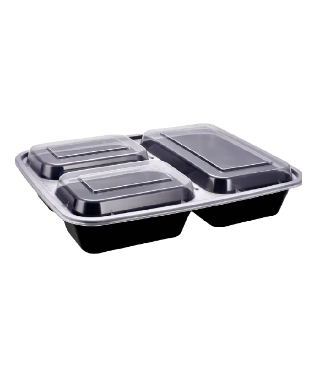 BLACK CONTAINER & CLEAR LID COMBO 3-COMP 33oz PLASTIC RECTANGULAR MICROWAVEABLE - 150/150/CASE