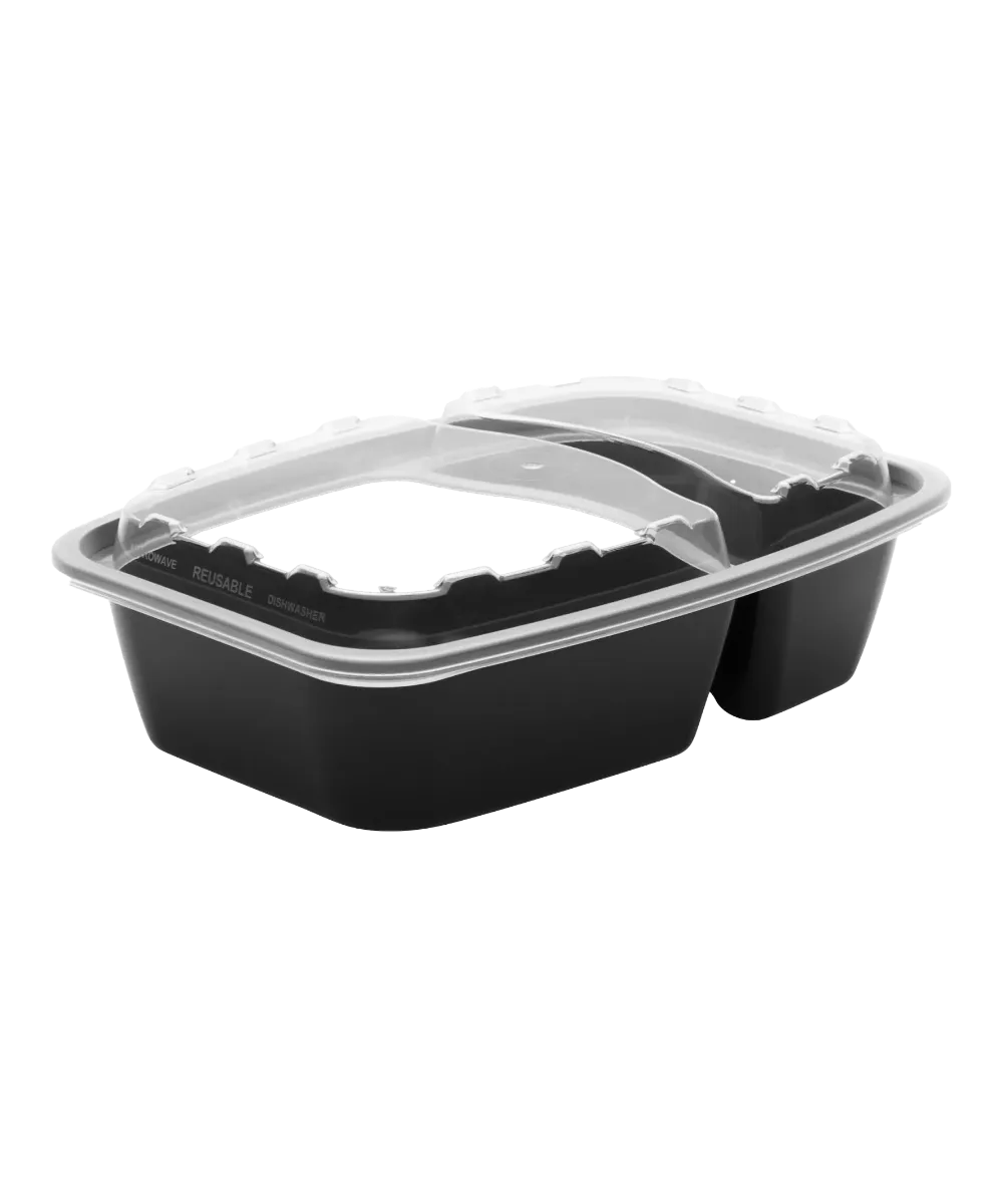 BLACK CONTAINER & CLEAR LID COMBO 2-COMP 28oz PLASTIC RECTANGULAR 8.30"X5.80"X2.1" - 150/150/CASE