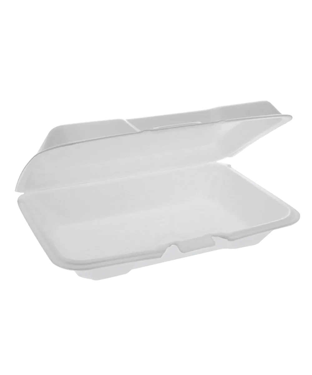 CONTAINER 9X6.5X1.3" WHITE PS FOAM HINGED LID VERY SHALLOW - 150/CASE