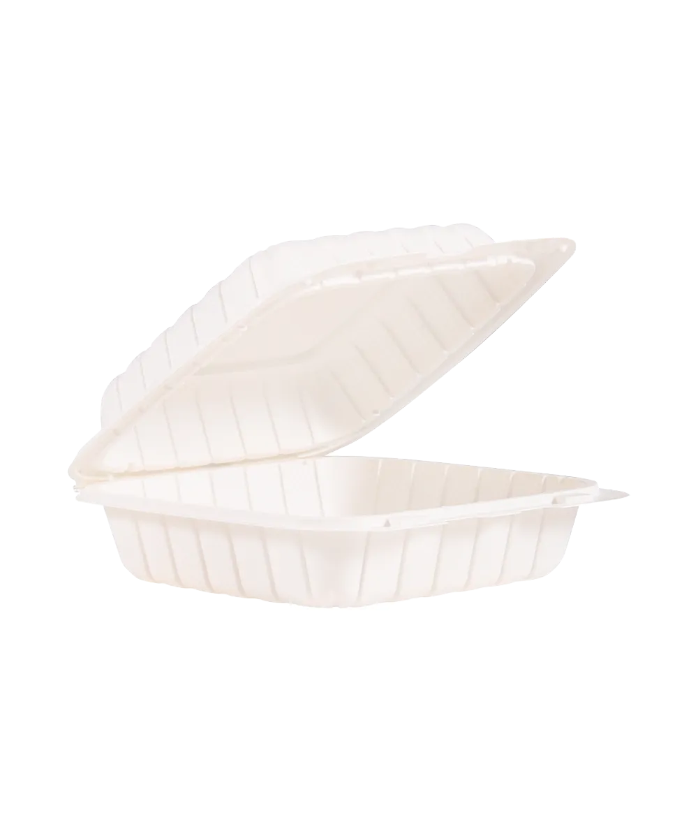 CONTAINER 8.5" PP PLASTIC WHITE SQUARE 1-COMPARTMENT HINGE LID - 150/CASE