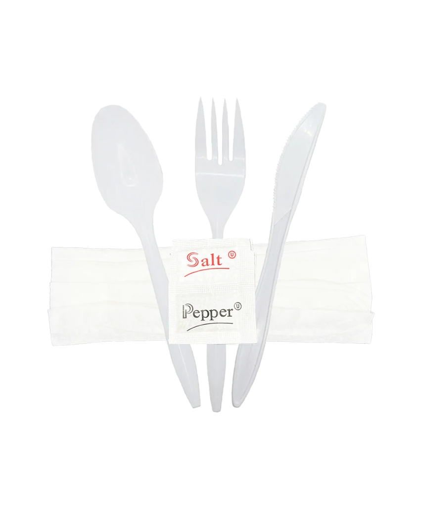 CUTLERY KIT FORK SPOON KNIFE NAPKIN SALT PEPPER WHITE PLASTIC 6 PCS - 250/CASE