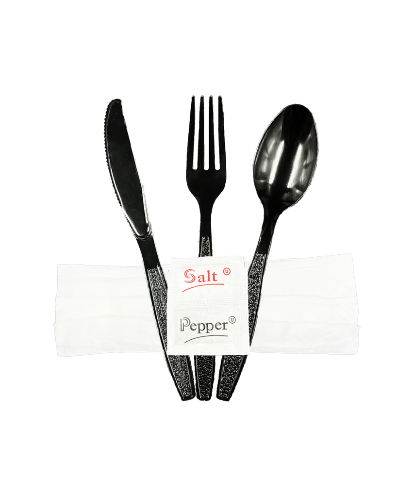 CUTLERY KIT FORK SPOON KNIFE NAPKIN SALT PEPPER BLACK PLASTIC 6 PCS - 250/CASE