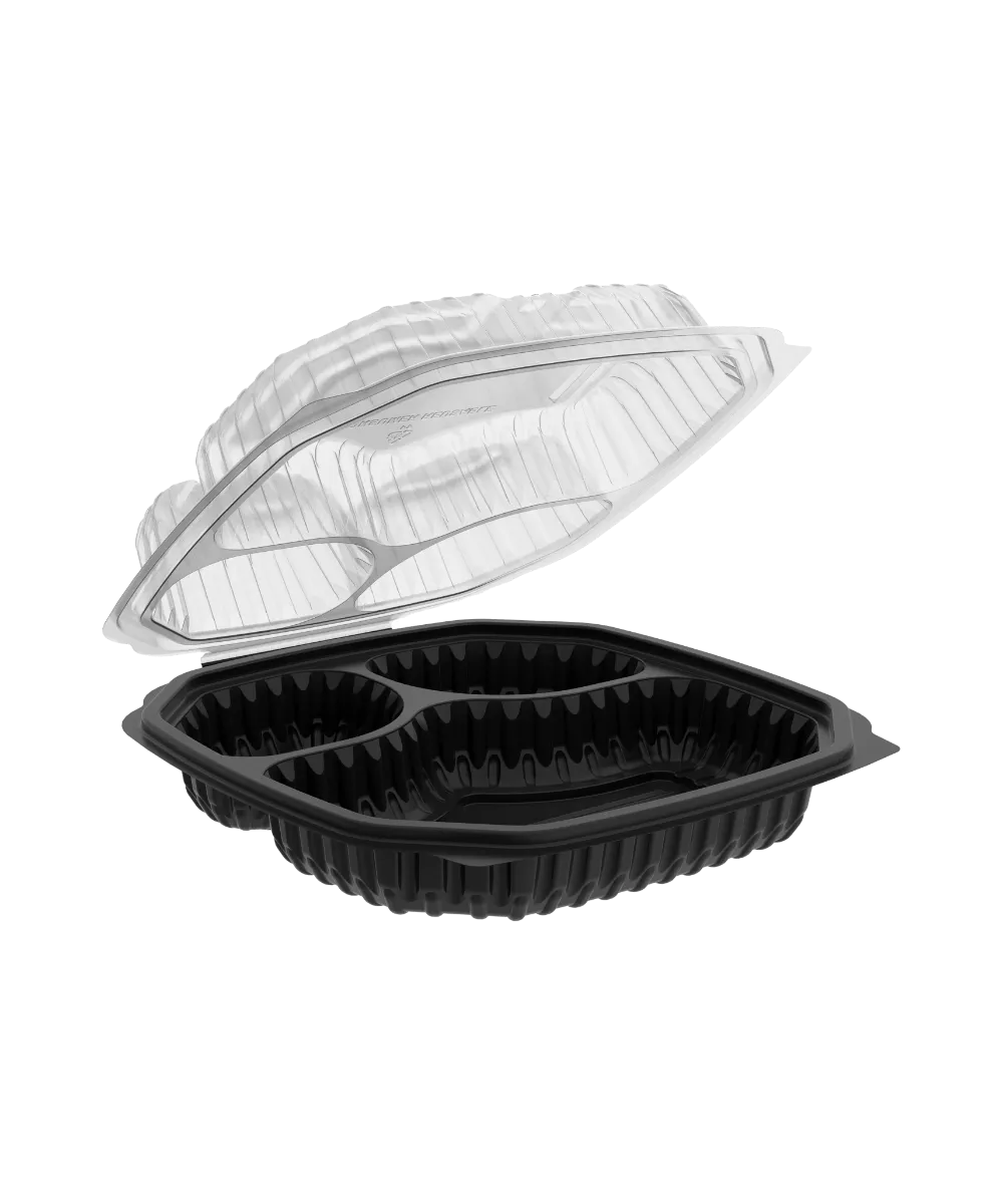 CONTAINER 9" SQUARE 3-COMPARTMENT W/HINGE LID - 100/CASE