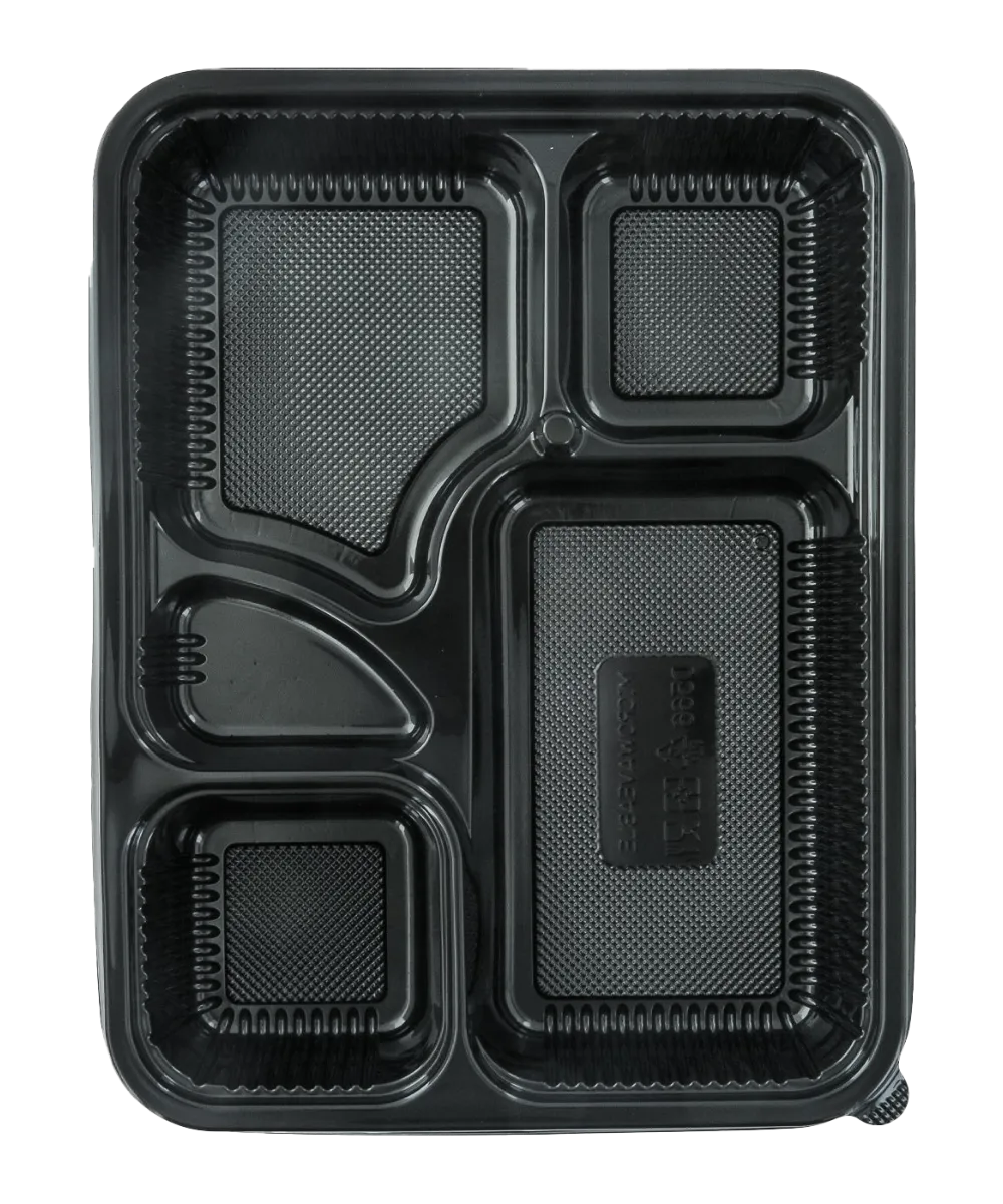CONTAINER BENTO/ LUNCH BOX COMBO 5-COMPARTMENT BLACK POLYPROPELENE PP CLEAR LID REUSABLE - 100/CASE