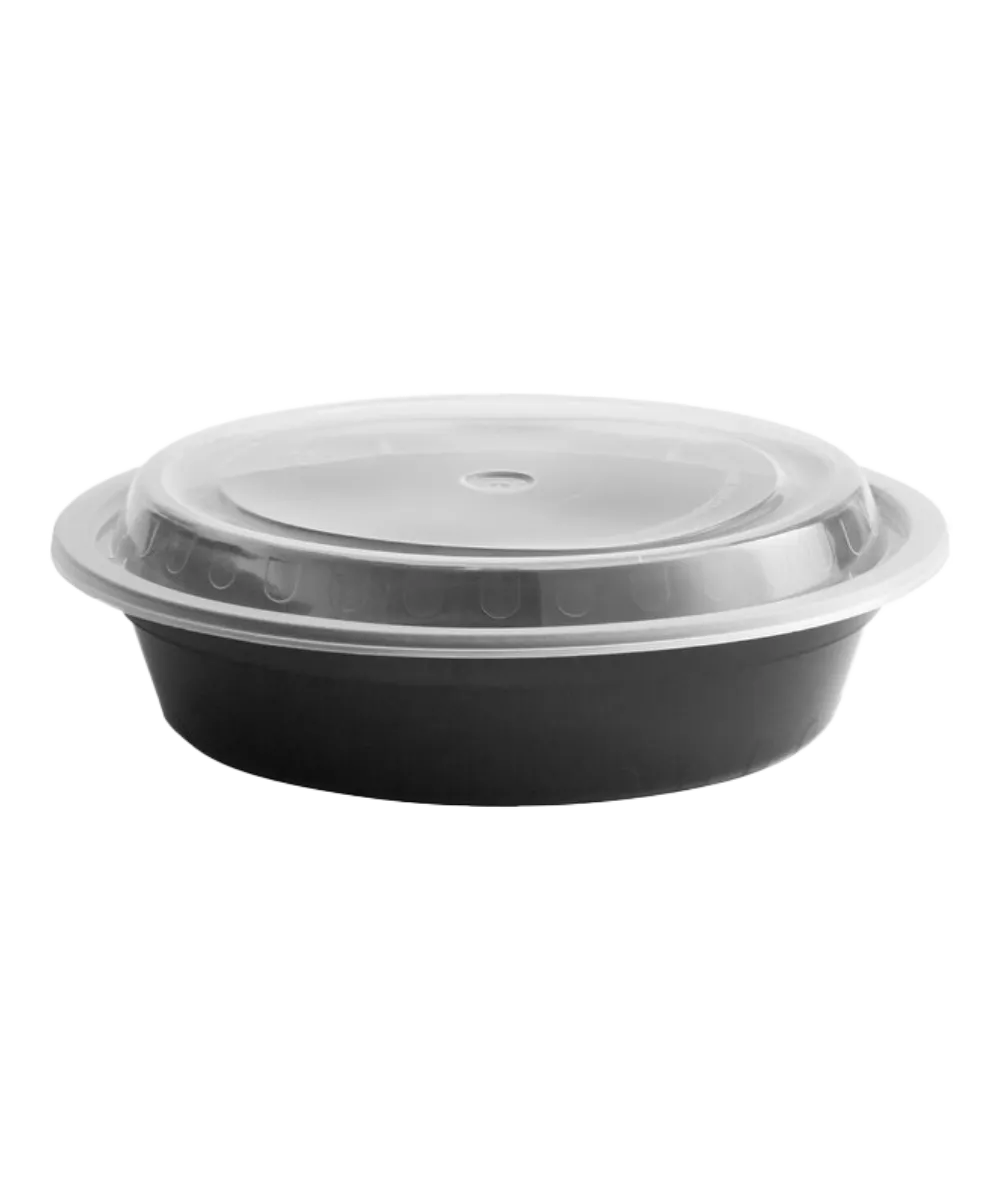 BLACK CONTAINER & CLEAR LID COMBO 24oz PLASTIC ROUND 7" MICROWAVE SAFE - 150/CASE