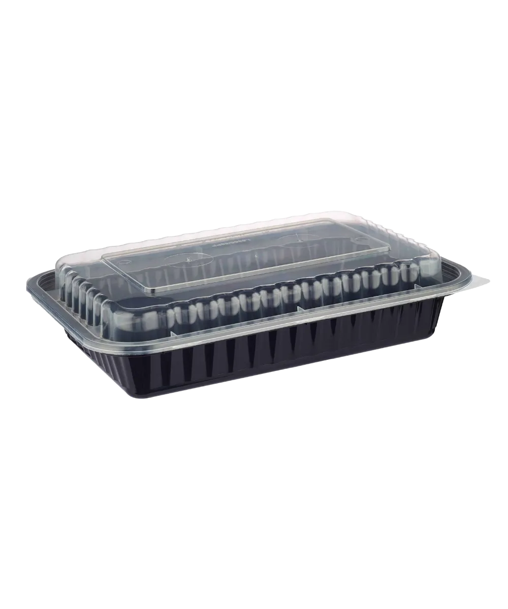 BLACK RIBBED CONTAINER & CLEAR LID COMBO 28oz PLASTIC RECTANGULAR - 150/CASE