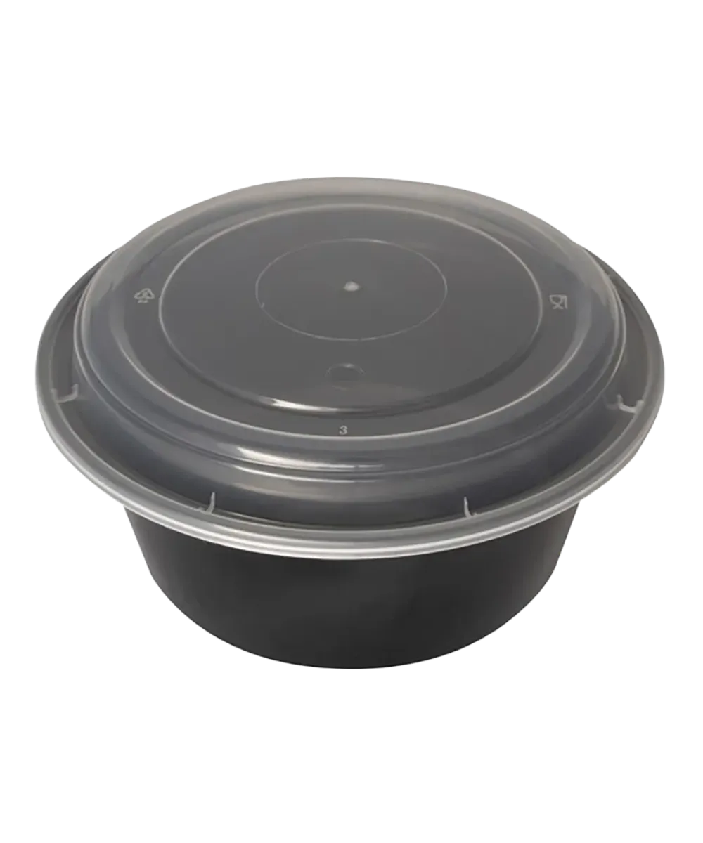BLACK CONTAINER & CLEAR LID COMBO 48oz PLASTIC ROUND 9" MICROWAVE SAFE - 150/CASE