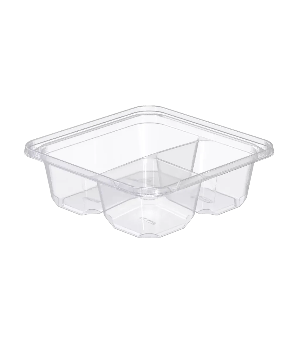 CONTAINER 18oz 6" SQUARE CLEAR PLASTIC 3-COMPARTMENT LEAK RESITANT TAMPER EVIDENT/ RESISTANT & RECYCLABLE - 300/CASE
