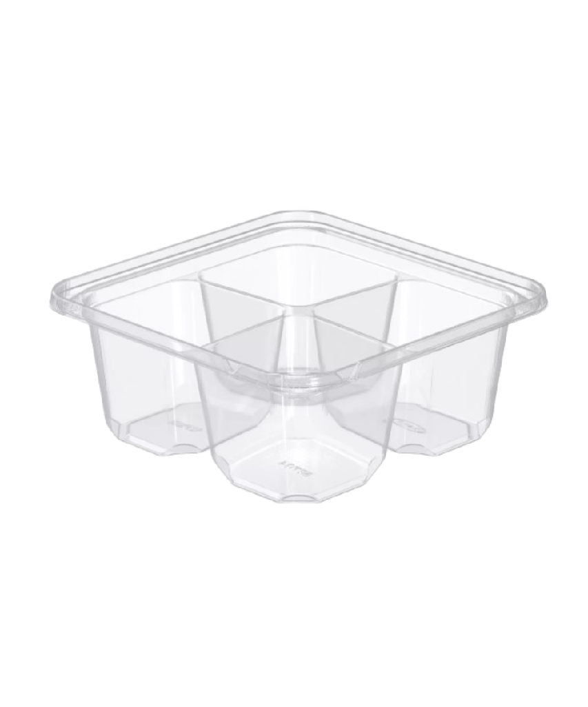 CONTAINER 24oz 6" SQUARE CLEAR PLASTIC 4-COMPARTMENT LEAK RESITANT TEMPER EVIDENT AND TAMPER RESISTANT RECYCLABLE - 300/CASE