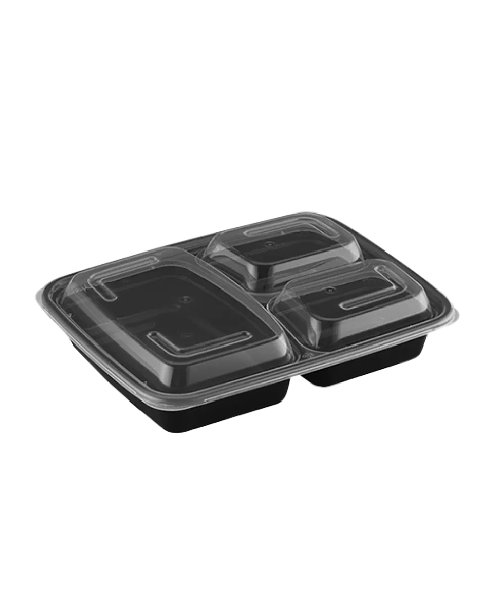BLACK BOWL 28oz 3-SECTION PLASTIC RECTANGULAR  W/CLEAR LID COMBO - 150/CASE