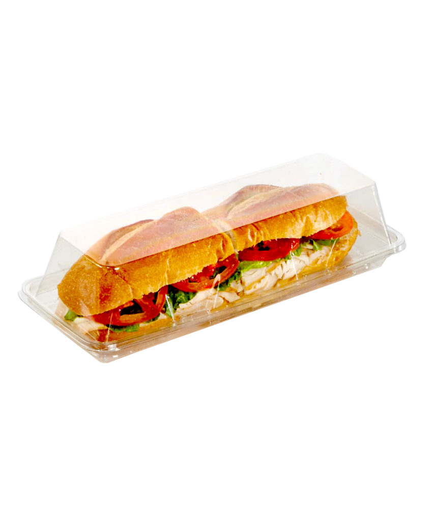 CONTAINER 8″ HOAGIE / SUB SANDWICH CLEAR PLASTIC HINGE LID RECYCLABLE - 160/CASE