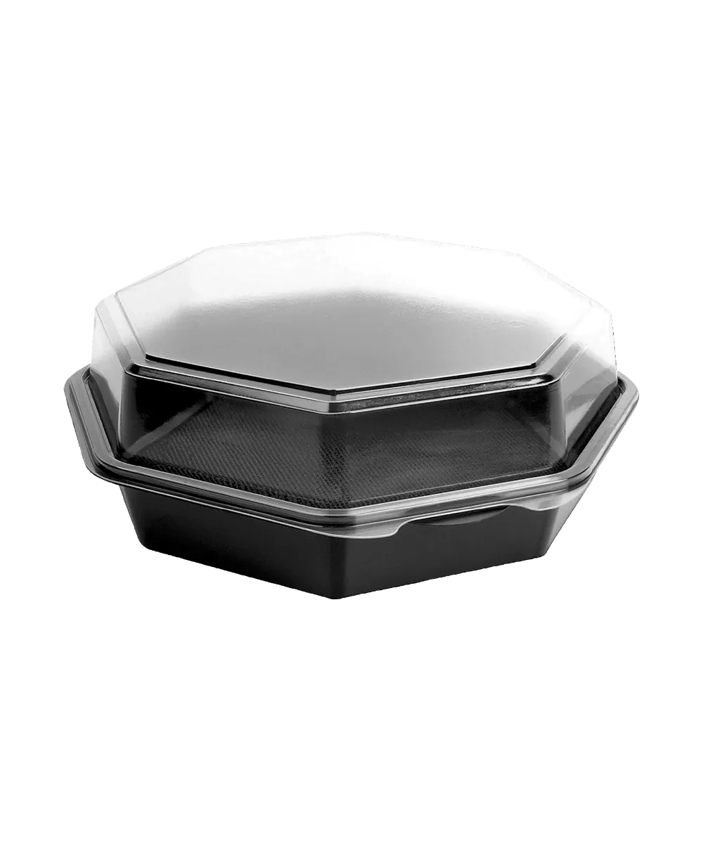 CONTAINER 9" BLACK DEEP OCTAGON HINGED CLEAR LID PET PLASTIC - 100/CASE