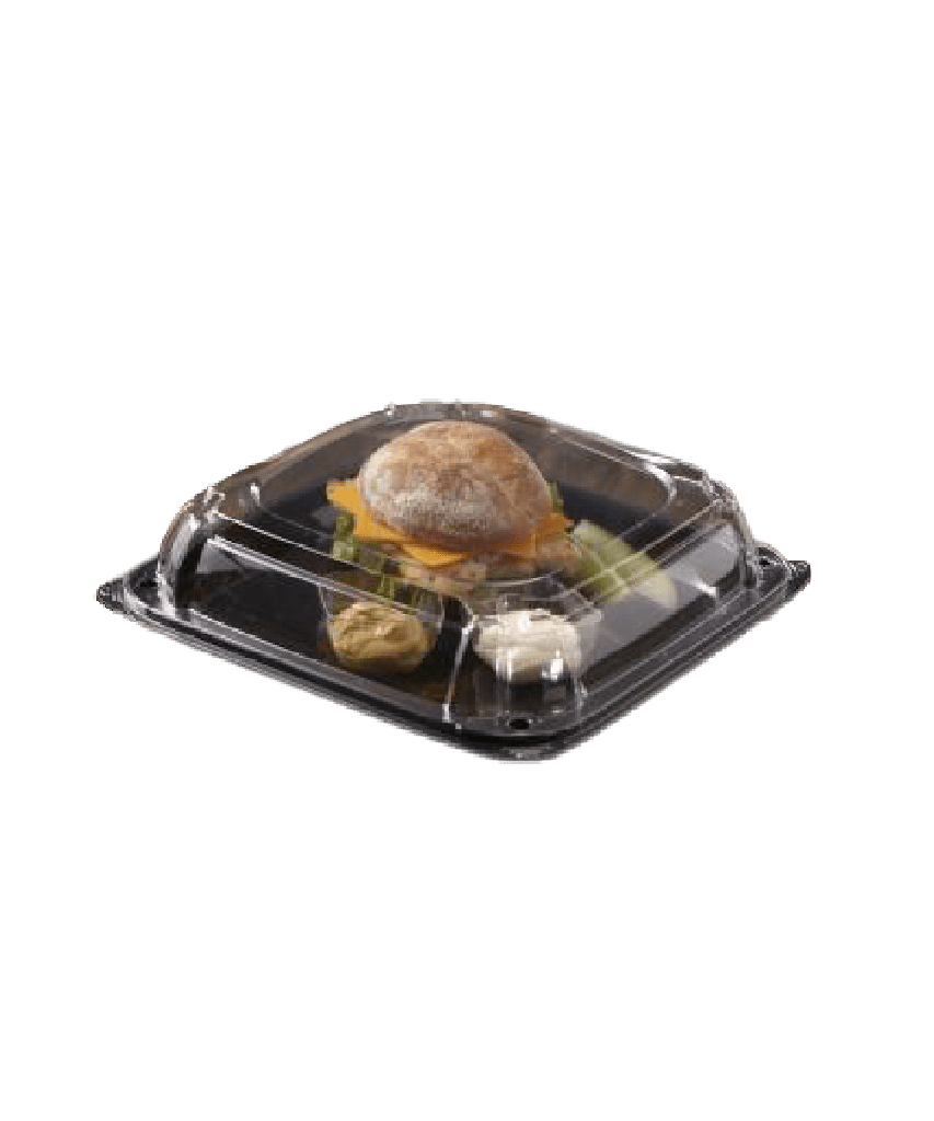 TRAY 16" BLACK UltraStack® SQUARE PLATTER CLEAR 3" PET DOME LID - 25/25/CASE
