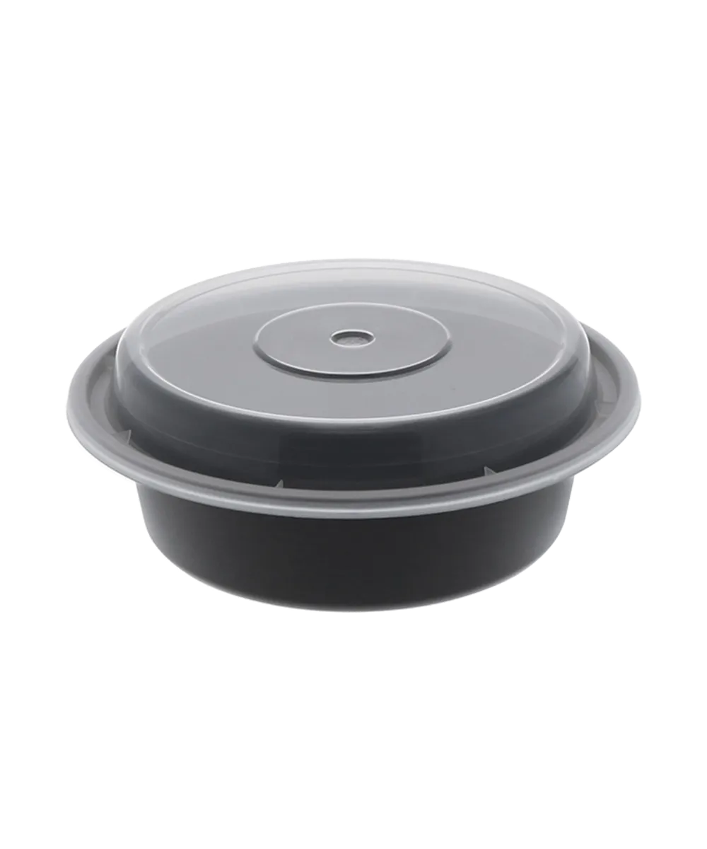 BLACK CONTAINER & CLEAR LID COMBO 16oz PLASTIC ROUND VERSATAINER® MICROWAVEABLE 6.5" - 150/CASE
