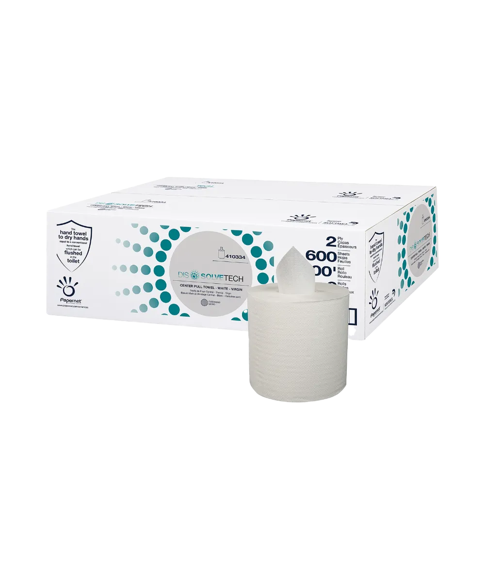 HAND TOWEL CENTER-PULL 2-PLY 10"X7.6 SHEET DISSOLVE TECH 600 SHEETS PER 500' ROLL - 6/CASE
