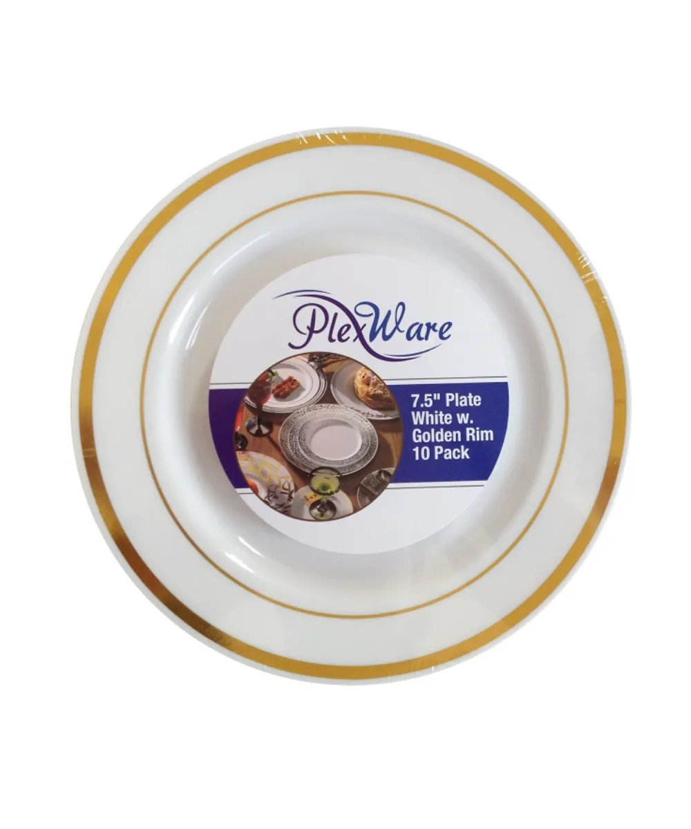 PLATE 7.5" GOLDEN RIM PLASTIC ROUND, CATERING PLATES FOR PARTY - 120/CASE