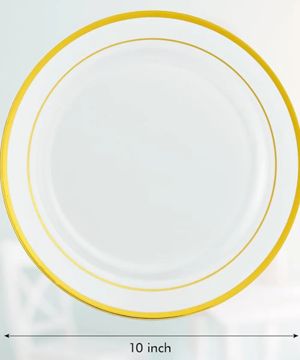 PLATE 10.25" GOLDEN RIM PLASTIC ROUND, CATERING PLATE FOR PARTY - 120/CASE