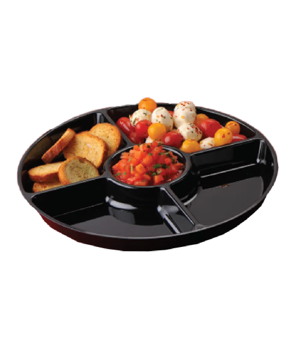 CATERING TRAY 12" BLACK ROUND PLASTIC 5-COMPARTMENT PLATTER - 25/CASE