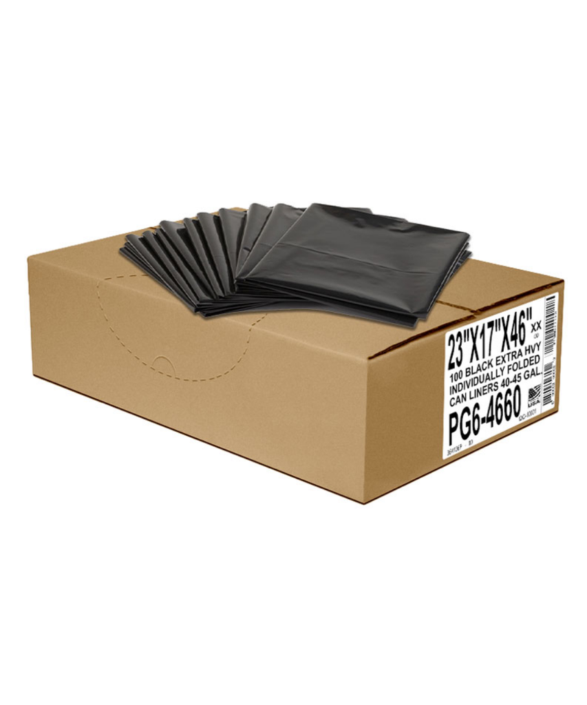 CAN LINER 23"X17"X46" 45 GALLON PLASTIC BLACK XXXH TRASH BAG FLAT PACK - 100/CASE