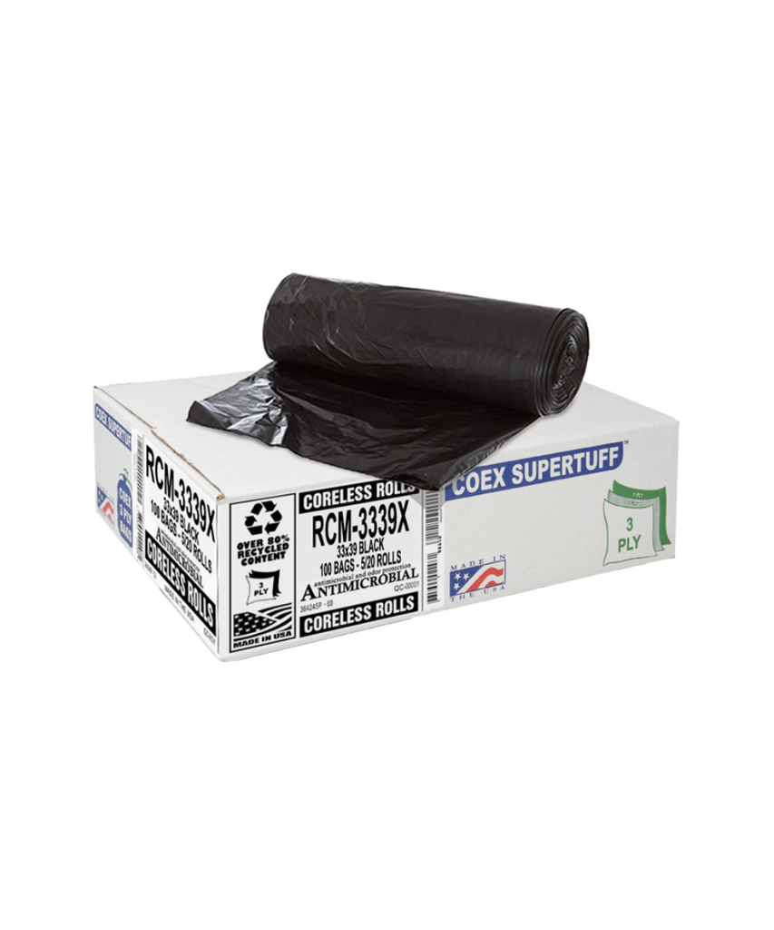 CAN LINER 33 GALLON X-HVY BLACK PLASTIC TRASH BAG 33"X39" COEX SUPERTUFF 3-PLY ANTIMICROBIAL ODOR CONTROL CORELESS ROLL - 100/CASE
