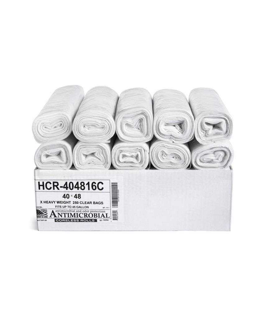 CAN LINER 40"X48" 45 GALLON 16M X-HVY CLEAR PLASTIC 8MC HIGH-DENSITY HCR HI-LENE ANTIMICROBIAL ODOR CONTROL TRASH BAG CORELESS ROLL - 250/CASE