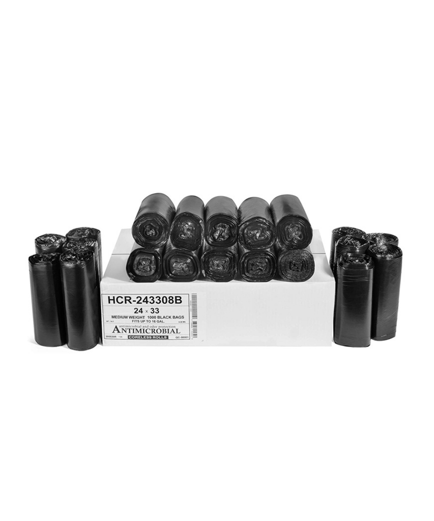 CAN LINER 24"X33" 16 GALLON BLACK PLASTIC 8MC HIGH-DENSITY HCR HI-LENE ANTIMICROBIAL ODOR CONTROL TRASH BAG CORELESS ROLL - 1000/CASE
