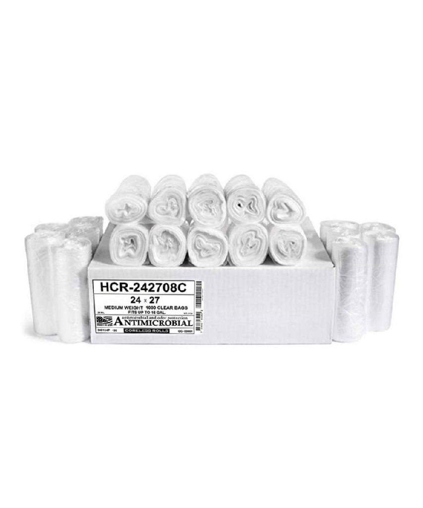 CAN LINER 24"X27" 16 GALLON CLEAR PLASTIC 8MC HCR HI-LENE ANTIMICROBIAL ODOR CONTROL TRASH BAG CORELESS ROLL - 1000/CASE