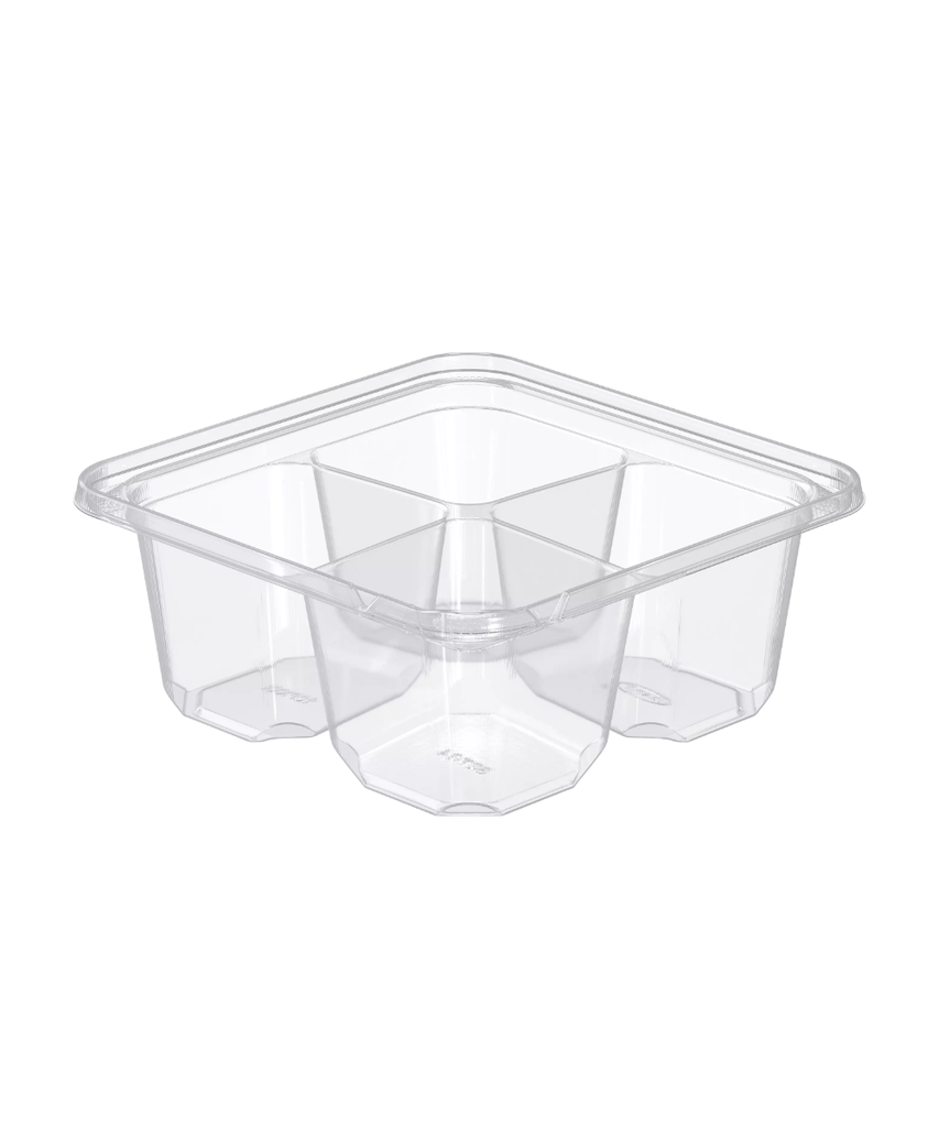 CONTAINER 14oz 4-COMPARTMENT 6" SQUARE SHALLOW PLASTIC CLEAR TAMPER EVIDENT/TAMPER RESISTANT RECYCLABLE - 300/CASE