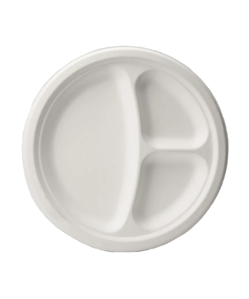 BAGASSE PLATE 10" 3-COMPARTMENT ROUND WHITE PFAS FIBER NO ADDED - 500/CASE