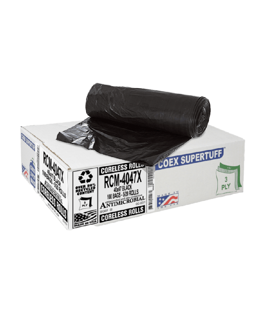 CAN LINER 40"X47" 45 GALLON X-HVY 1.5MIL BLACK PLASTIC COEX SUPERTUFF 3-PLY ANTIMICROBIAL ODOR CONTROL TRASH BAG CORELESS ROLL - 100/CASE