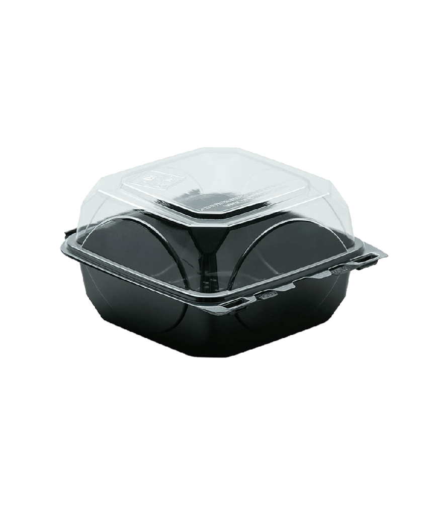 CONTAINER 22oz 6" SQUARE BLACK W/CLEAR HINGE LID  - 250/CASE