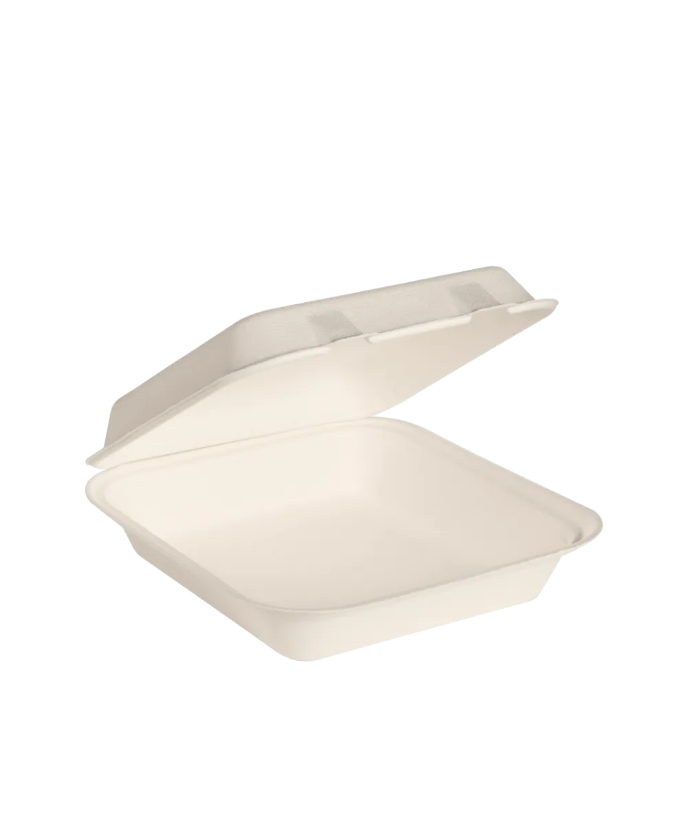 CONTAINER 8"X8" BAGASSE FIBER WHITE 1-COMPARTMENT  HINGE LID SQUARE  COMPOSTABLE - 200/CASE