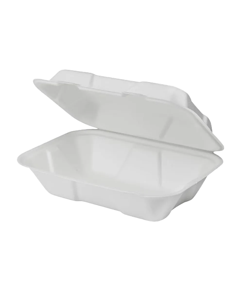 CLAMSHELL 9"X6" BAGASSE FIBER 1-COMPARTMENT HINGE LID RECTANGULAR NATURAL COMPOSTABLE PFAS-FREE - 250/CASE