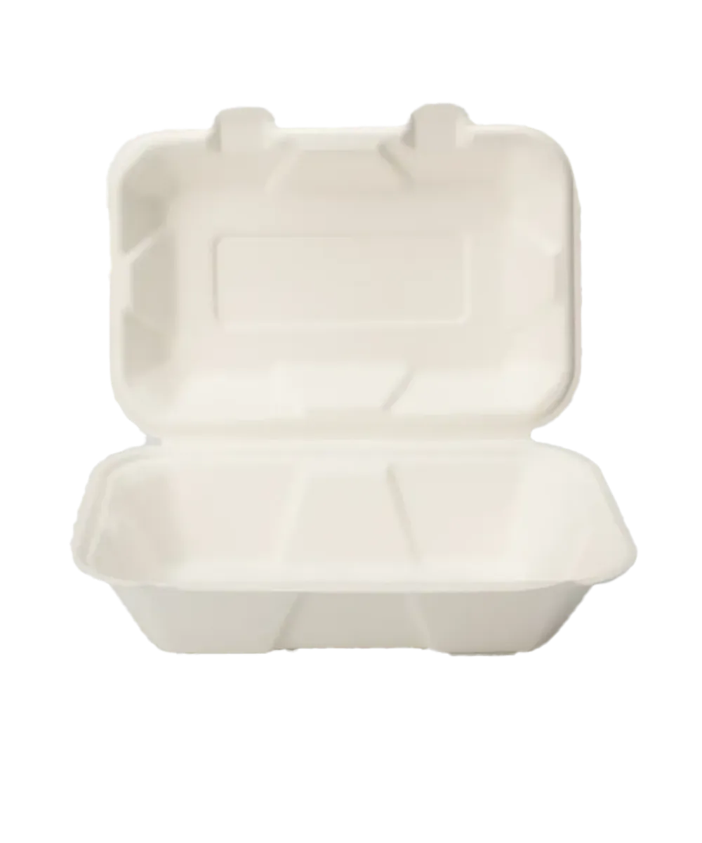CONTAINER 9"X6"X3" ECOFIBER WHITE 1-COMPARTMENT HINGE LID, OIL AND WATER LEAK RESISTANT  SQUARE PFAS-FREE  - 200/CASE