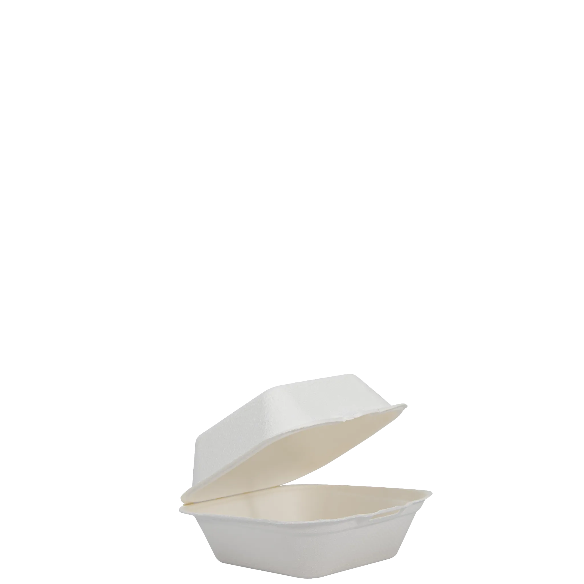 CONTAINER 6"X6" BAGASSE WHITE 1-COMPARTMENT HINGE LID SQUARE COMPOSTABLE - 500/CASE