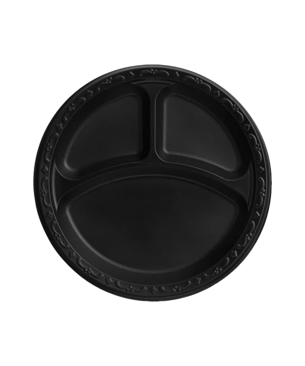 PLATES 9" 3-COMPARTMENT PP PLASTIC BLACK ROUND - 400/CASE