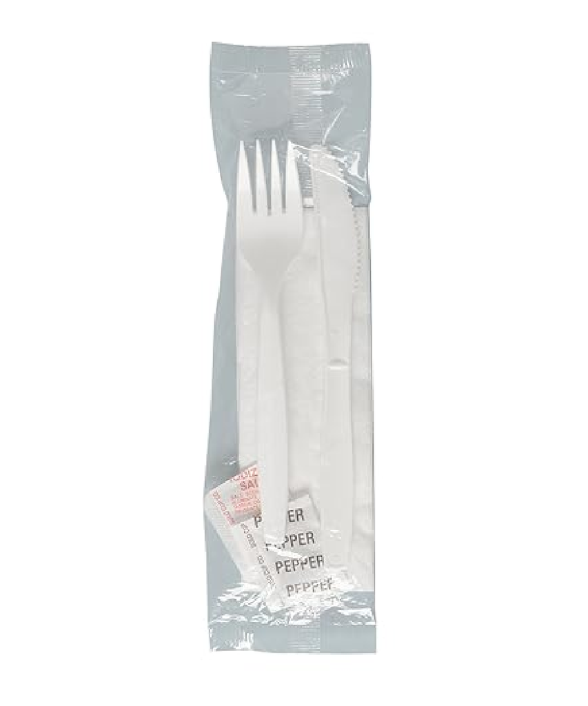 CUTLERY KIT REGAL PP MEDIUM WEIGHT WHITE 5PC FORK, KNIFE, NAPKIN, SALT, PEPPER - 250/CASE