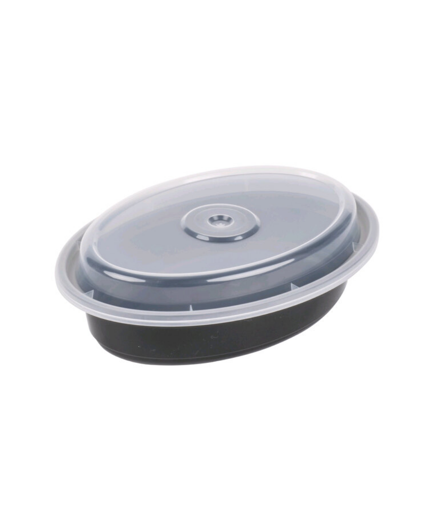 FOOD CONTAINER 16oz PLASTIC OVAL BLACK WITH CLEAR LID - 150/CASE