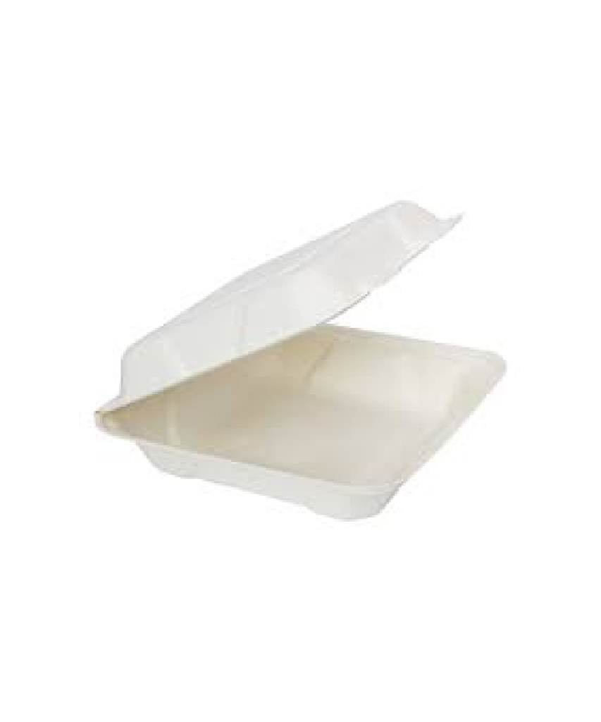 CONTAINER WHITE BAGASSE 8x8x3 1-COMPARTMENT CLAMSHELL - 200/CASE