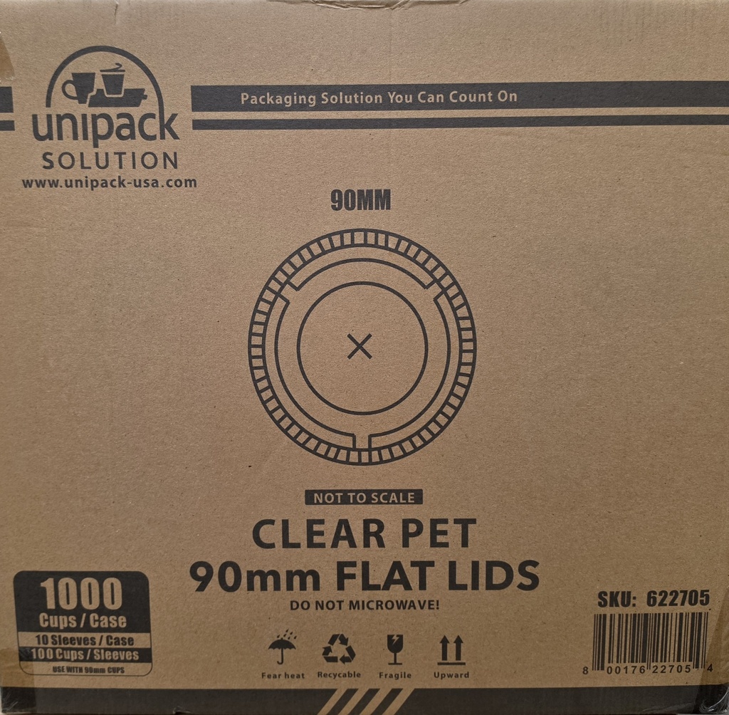CUP LID 8ox 12oz16oz 20oz CLEAR PET ROUND FLAT FOR COLD BEVERAGE 90mm RECYCLABLE - 1000/CASE  