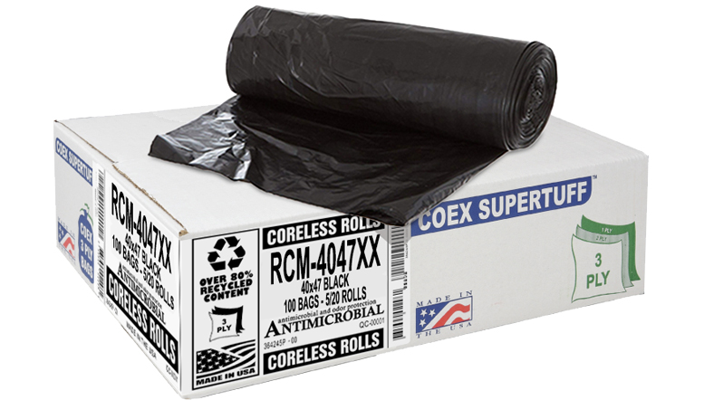 CAN LINER PLAST 40X47 1.3 BLK 45GAL ANTIMICROBIAL XX-HVY LOAD CAPACITY 20/5 ROLLS (100)