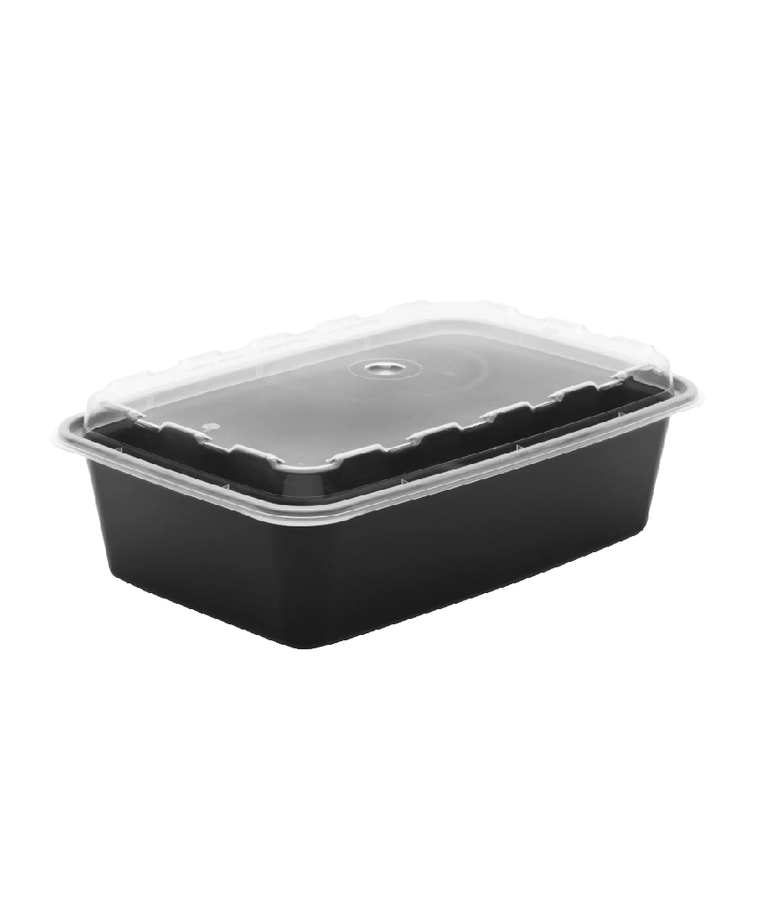 BLACK CONTAINER & CLEAR LID COMBO 38oz PLASTIC RECTANGULAR MICROWAVE SAFE 10.40"X6.65"X1.70" - 150/CASE