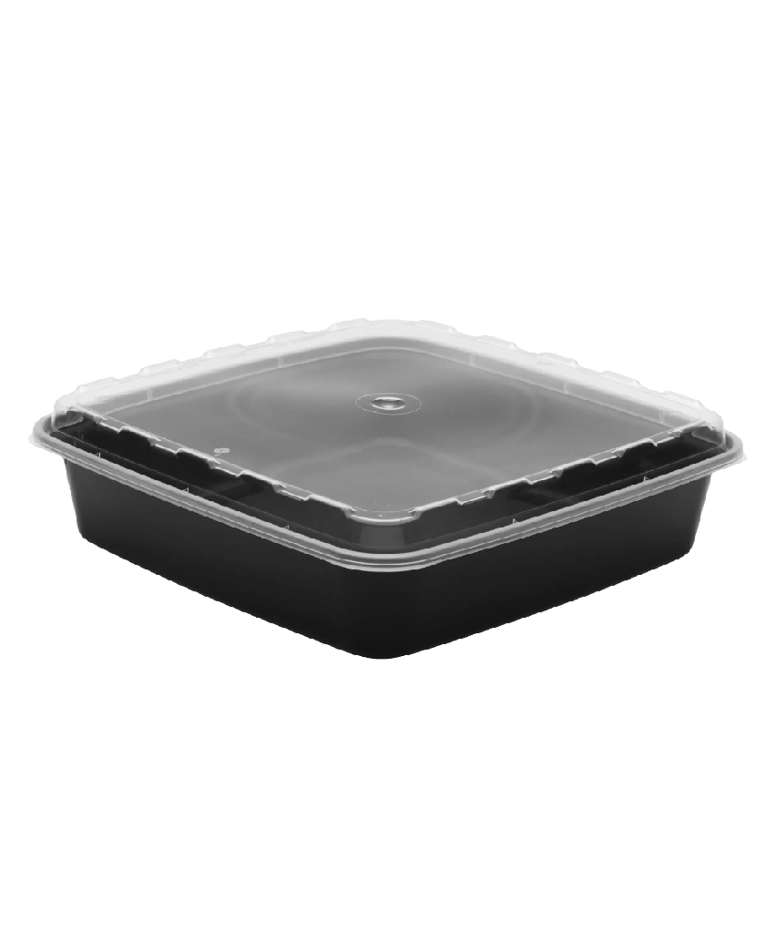BLACK CONTAINER & CLEAR LID COMBO 48oz PLASTIC SQUARE 10.40"X6.65"X1.70" - 100/CASE