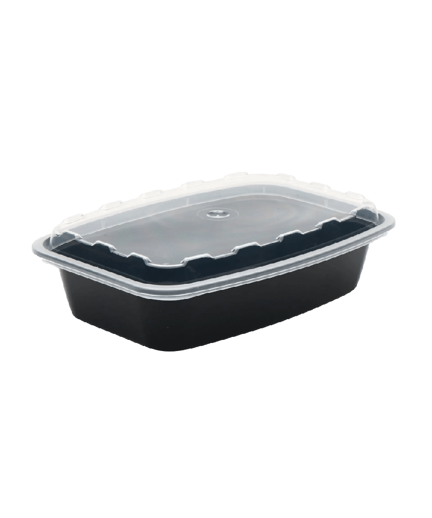 BLACK CONTAINER & CLEAR LID COMBO 28oz PLASTIC RECTANGULAR 8.30"X5.80"X1.62 - 150/CASE