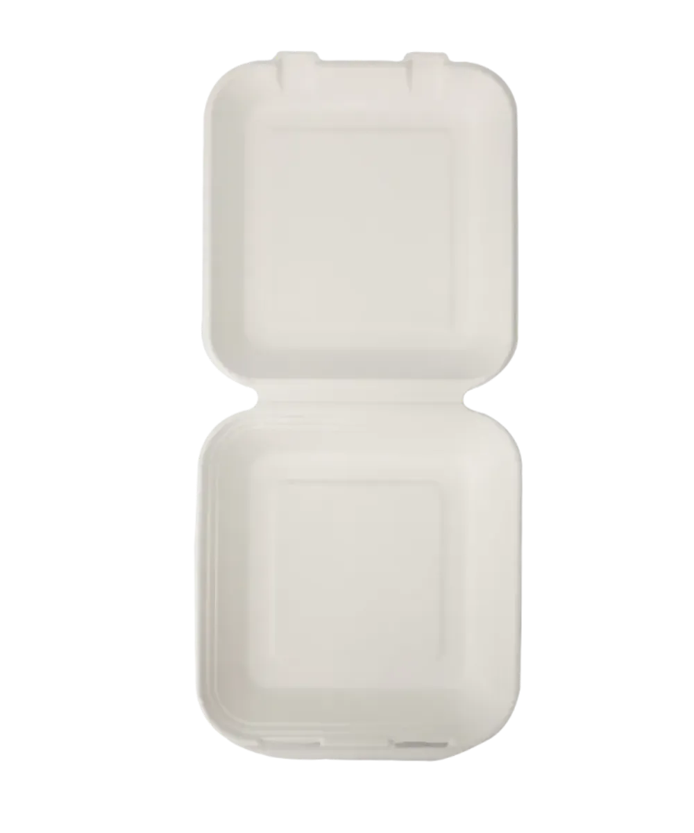 CONTAINER 8"X8"X3" ECOFIBER  WHITE 1-COMPARTMENT HINGE LID, OIL AND WATER LEAK RESISTANT SQUARE PFAS-FREE - 200/CASE