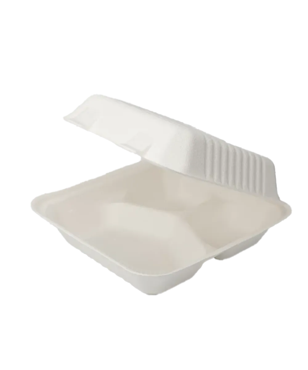 CONTAINER 8"X8"X3" ECOFIBER WHITE 3-COMPARTMENT HINGE LID, OIL AND WATER LEAK RESISTANT SQUARE PFAS-FREE  - 200/CASE