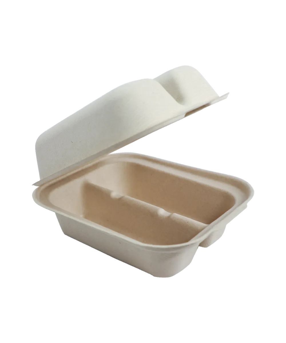 CONTAINER 8"X5"X3" TACO BOX FIBER NATURAL 2-COMPARTMENT RECTANGULAR COMPOSTABLE - 300/CASE