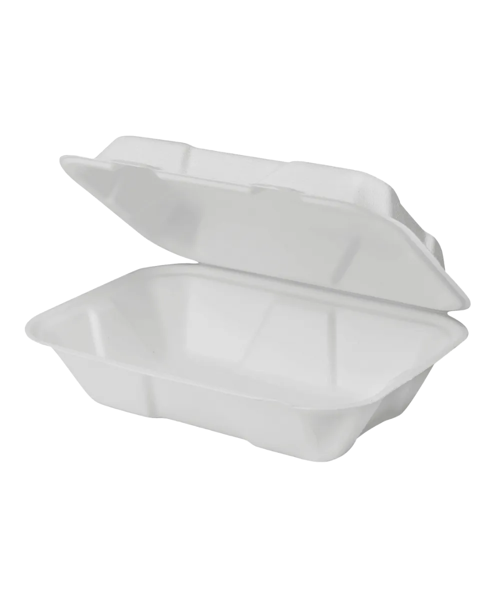CONTAINER 9"X6" BAGASSE 1-COMPARTMENT WHITE HINGE LID KARAT EARTH  PFAS-FREE COMPOSTABLE RECTANGULAR  RECYCLABLE - 200/CASE