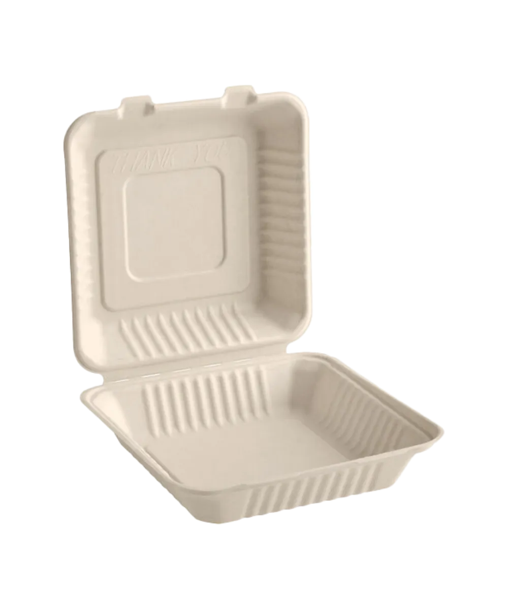 CONTAINER 9"X9" BAGASSE FIBER WHITE 1-COMPARTMENT HINGE LID SQUARE COMPOSTABLE  - 200/CASE